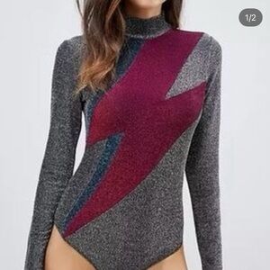 Blank NYC Gray Sparkle Bodysuit with Berry Lightning Motif
